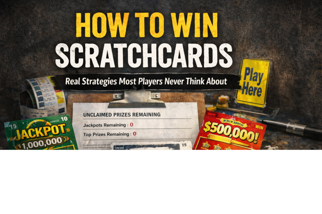 How to Win Scratchcards: Scratchcards, lottery tickets, and prize tracking sheet illustrating scratchcard strategy and probability analysis